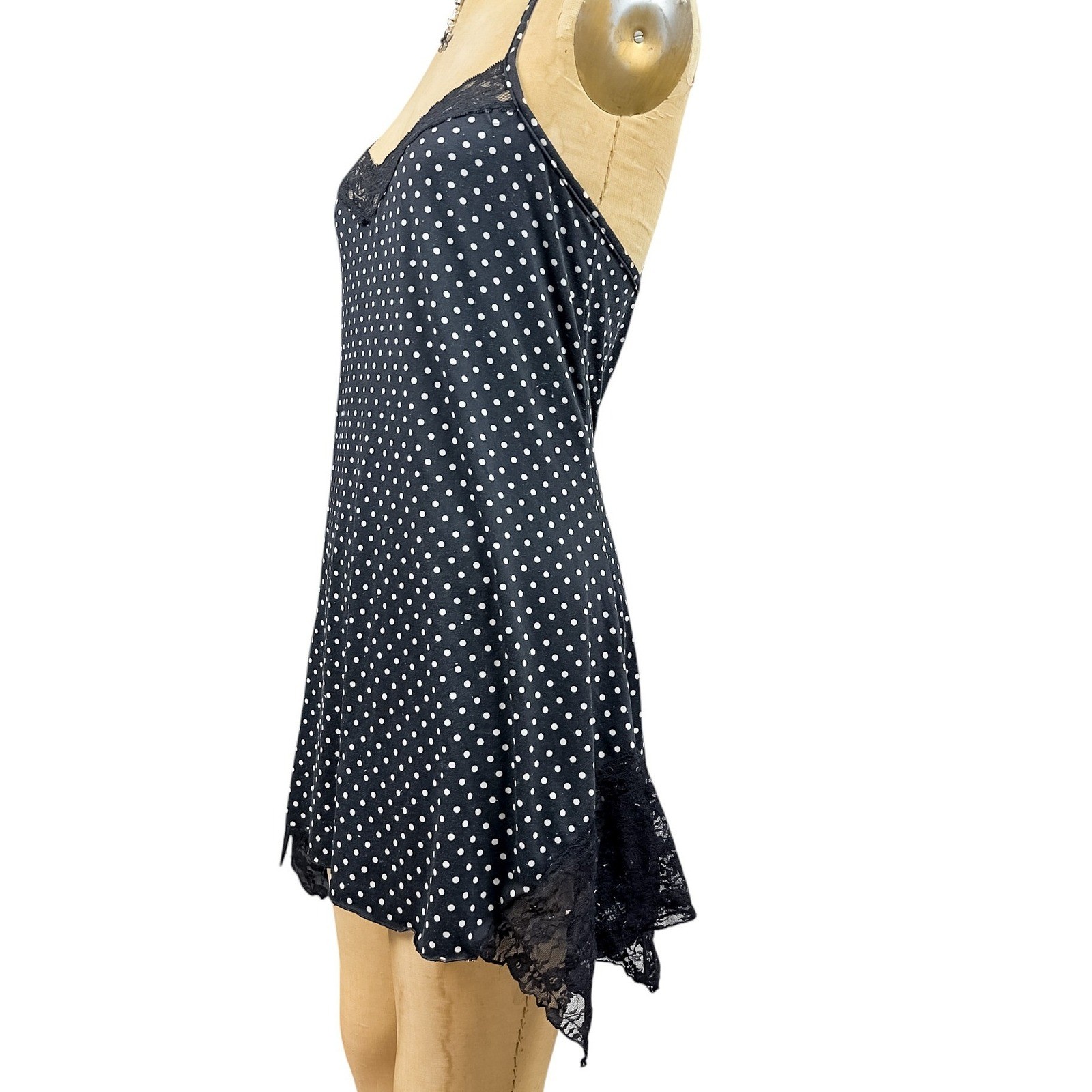Y2K Polka Dot Mini Slip Asymmetrical Lace Hem Dark Coquette Babydoll Size M