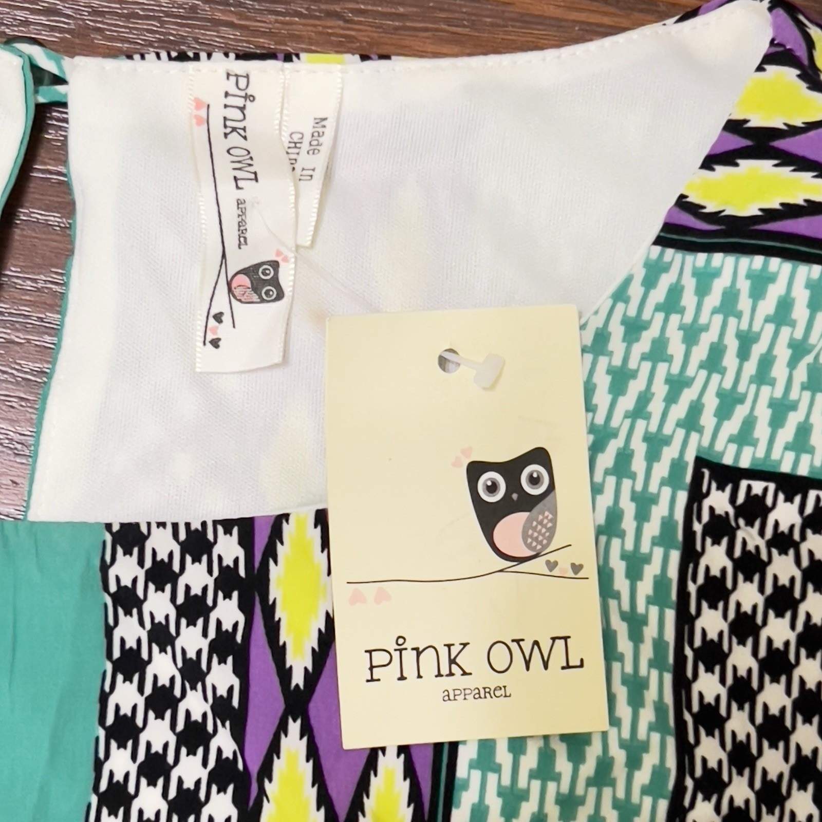 Pink Owl Shift Dress Womens M Green Purple NWT Geometric Houndstooth Sleeveless
