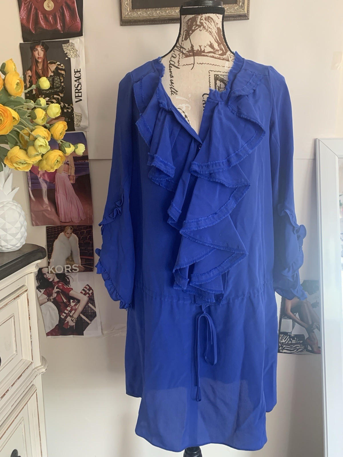 Rebecca Taylor Silk Chiffon Blue V-Neck Ruffle Long Sleeve Shift Dress 4