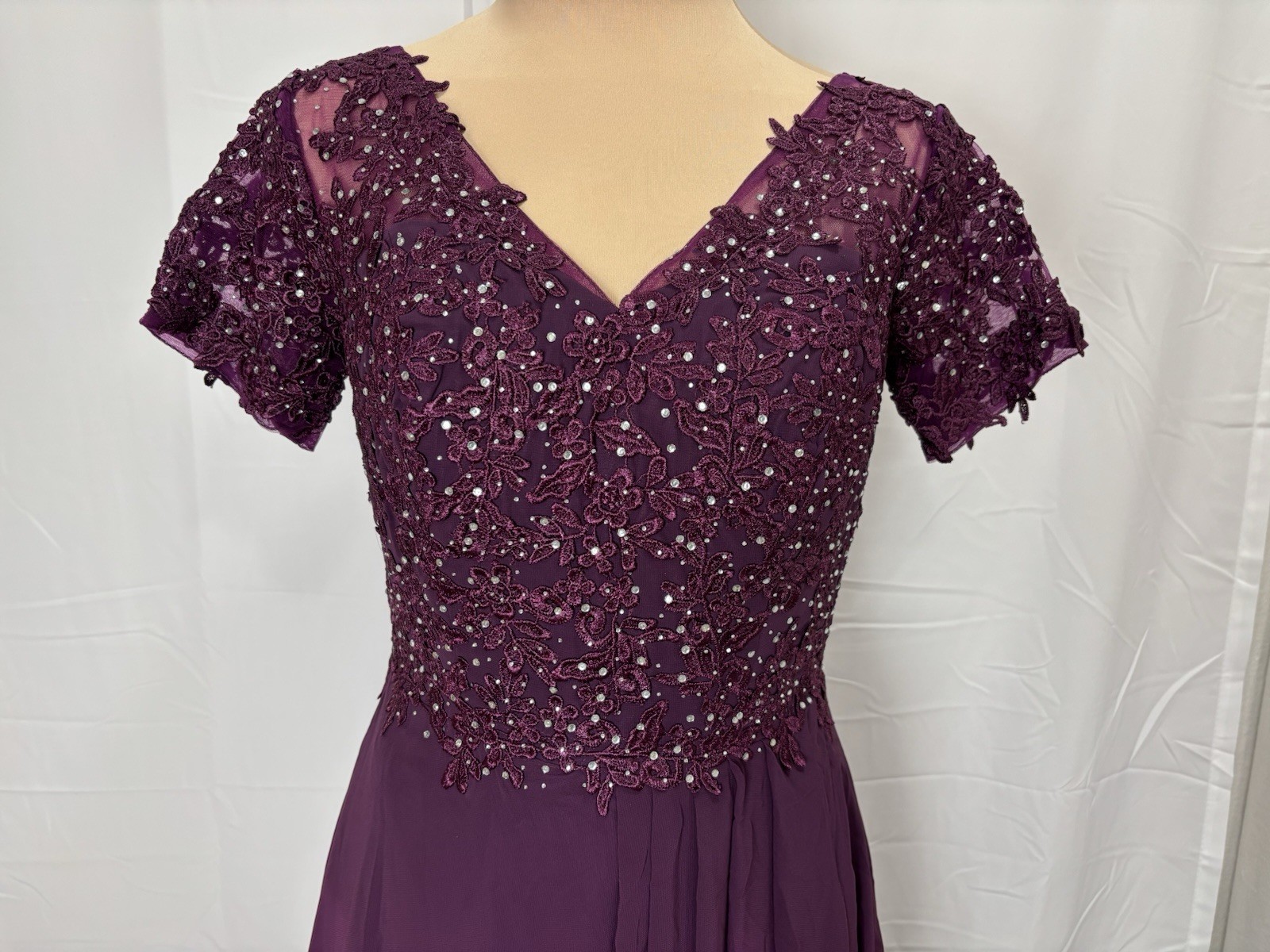 Wedding Guest Short Sleeve Lace Chiffon Formal Dress Sparkly Sz 12