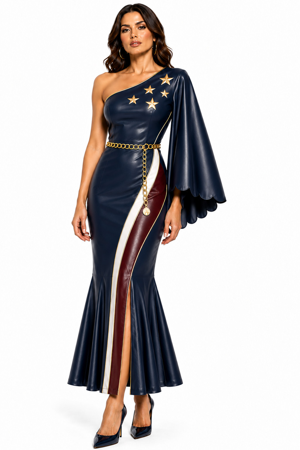 USA Flag Genuine Leather Bodycon | One Shoulder Maxi | Patriotic Evening Gown