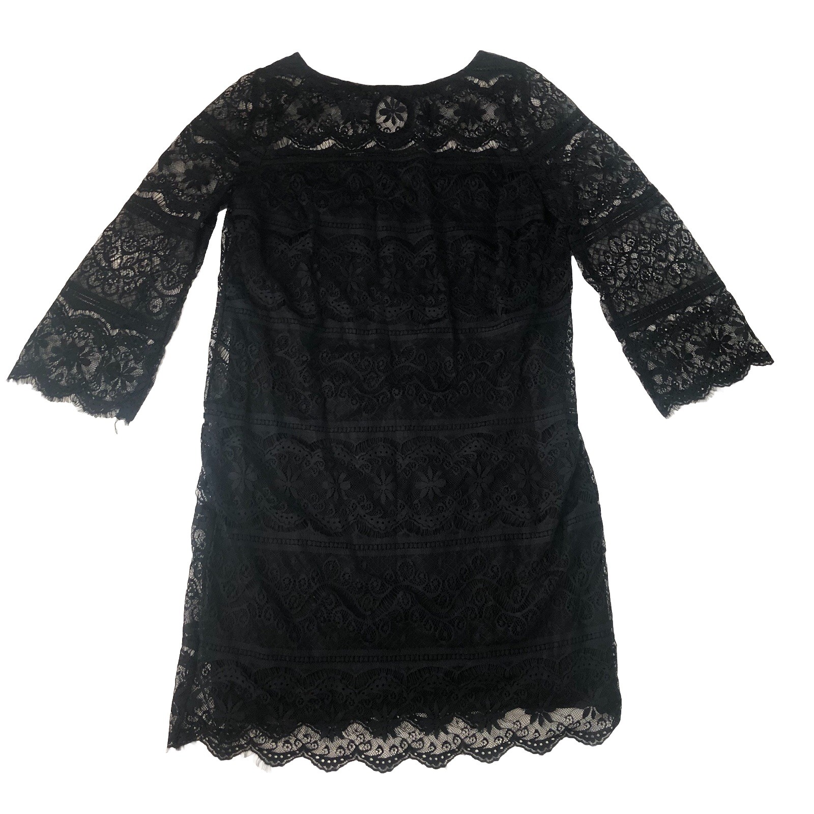 Max Studio Black Lace Dress Medium M 3/4 Sleeve Scalloped Eyelash Hem Shift⁠