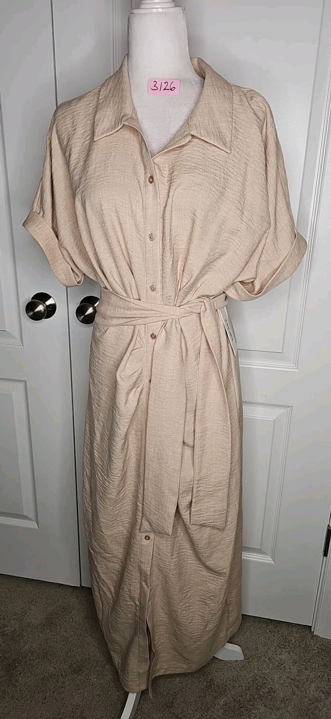 NWT DKNY Donna Karan Cotton Collared Button Belt Midi Shirt Dress Sz 14 Beige