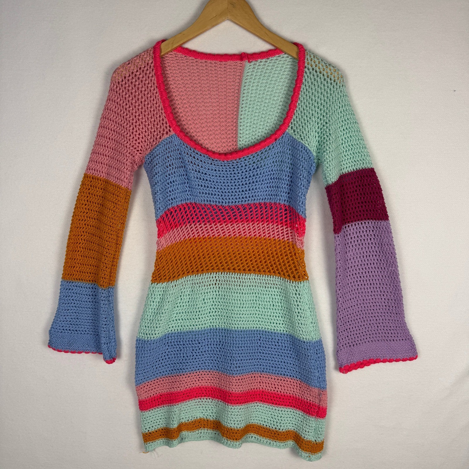 Multicolor Crochet Mini Dress Bell Sleeve Striped Open Knit Festival Boho M