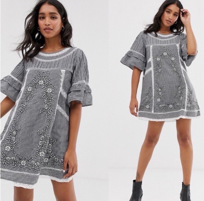 Free People Sunny Day Gingham Embroidered Floral Babydoll Dress Sz M Cottagecore