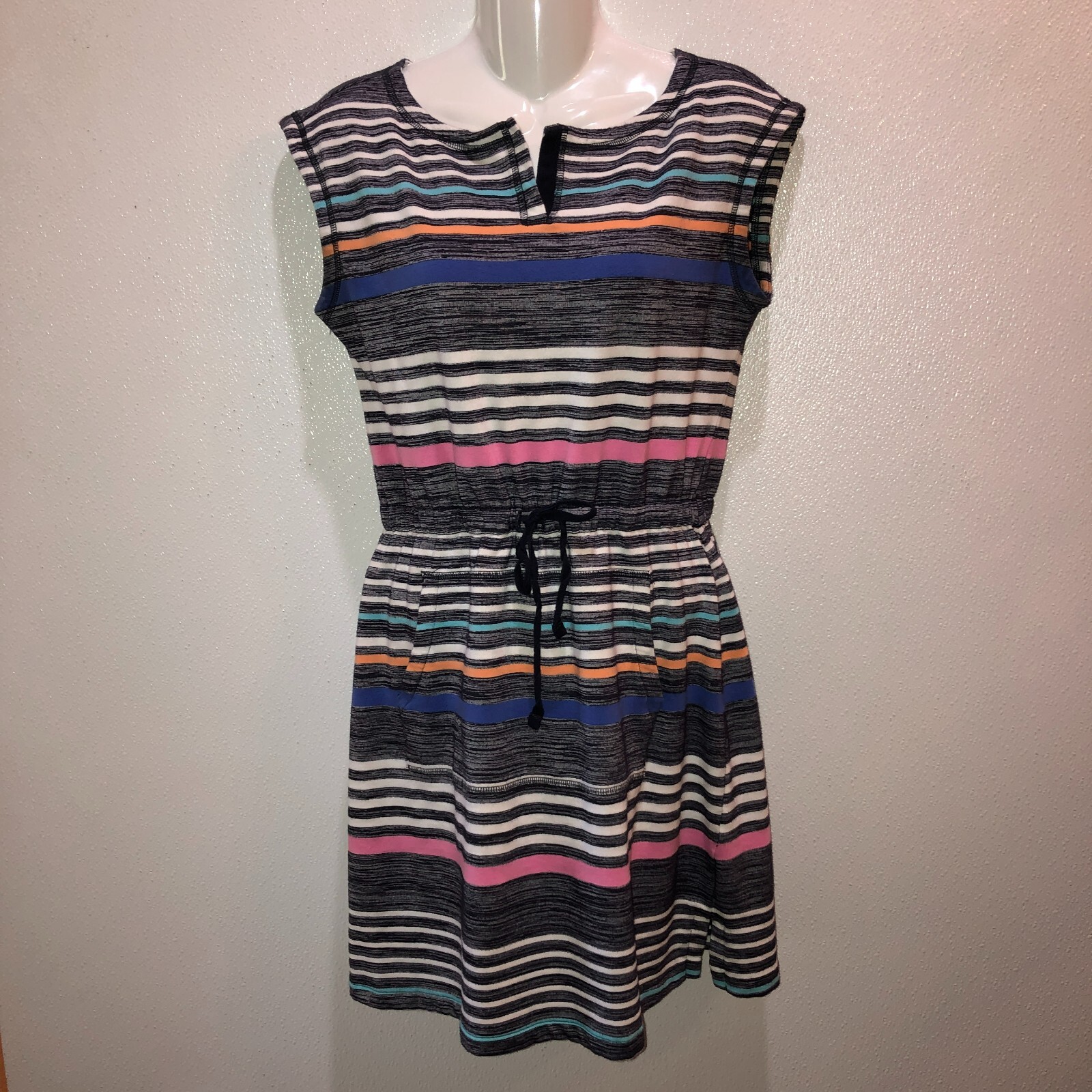 T by TALBOTS Small Multicolor Stripe Shift Dress Sleeveless Cotton Blend Pockets