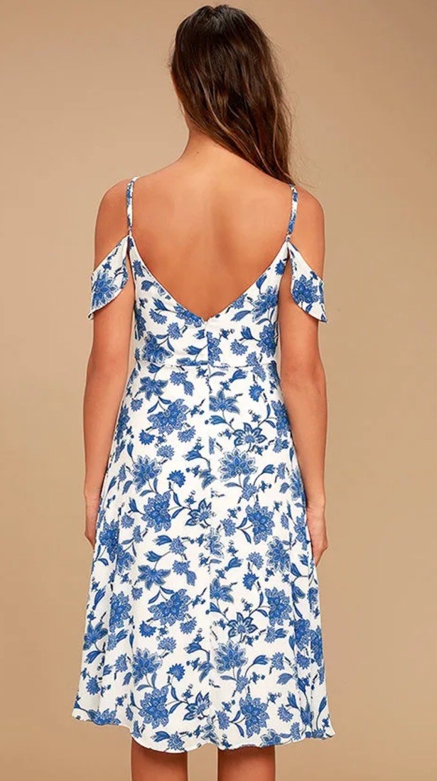 Lulus Arise Blue White Floral Off Shoulder Midi Dress Women’s Small NWT Wedding