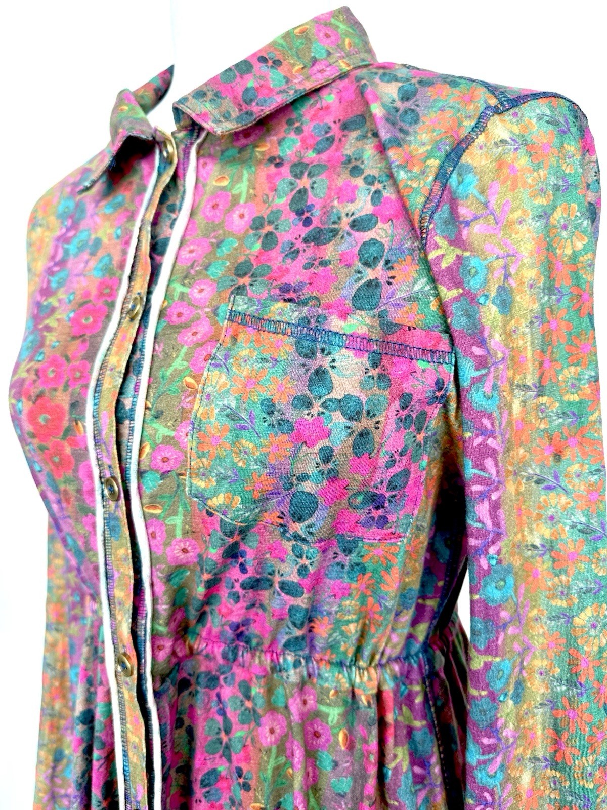 Button Down Brushed Cotton Knit Floral Dress LS NWT Raw Seam