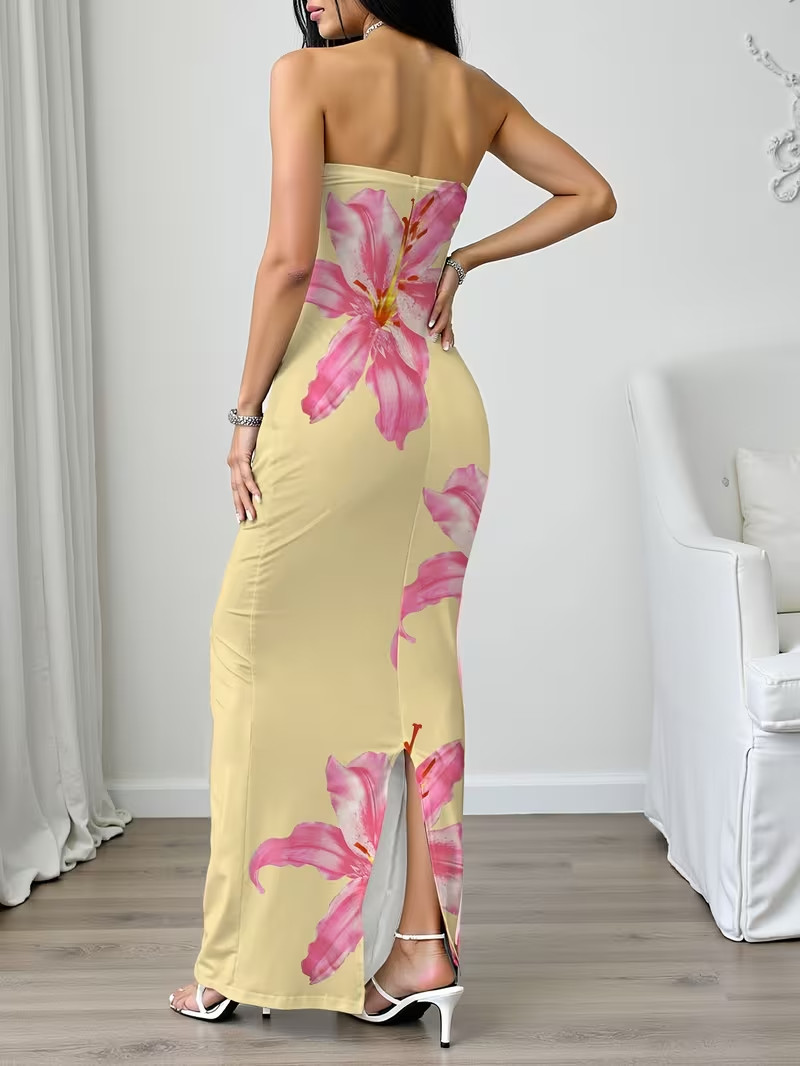 NEW Small Elegant Sleveless Ruched Soft YELLOW Maxi Dress w Pink & White Flowers