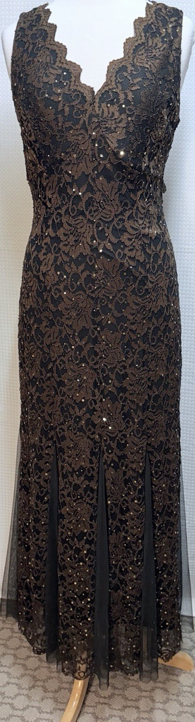 Candalite M Black Brown Lace Sequin Bow Long Sleeveless V-Neck Formal Gown