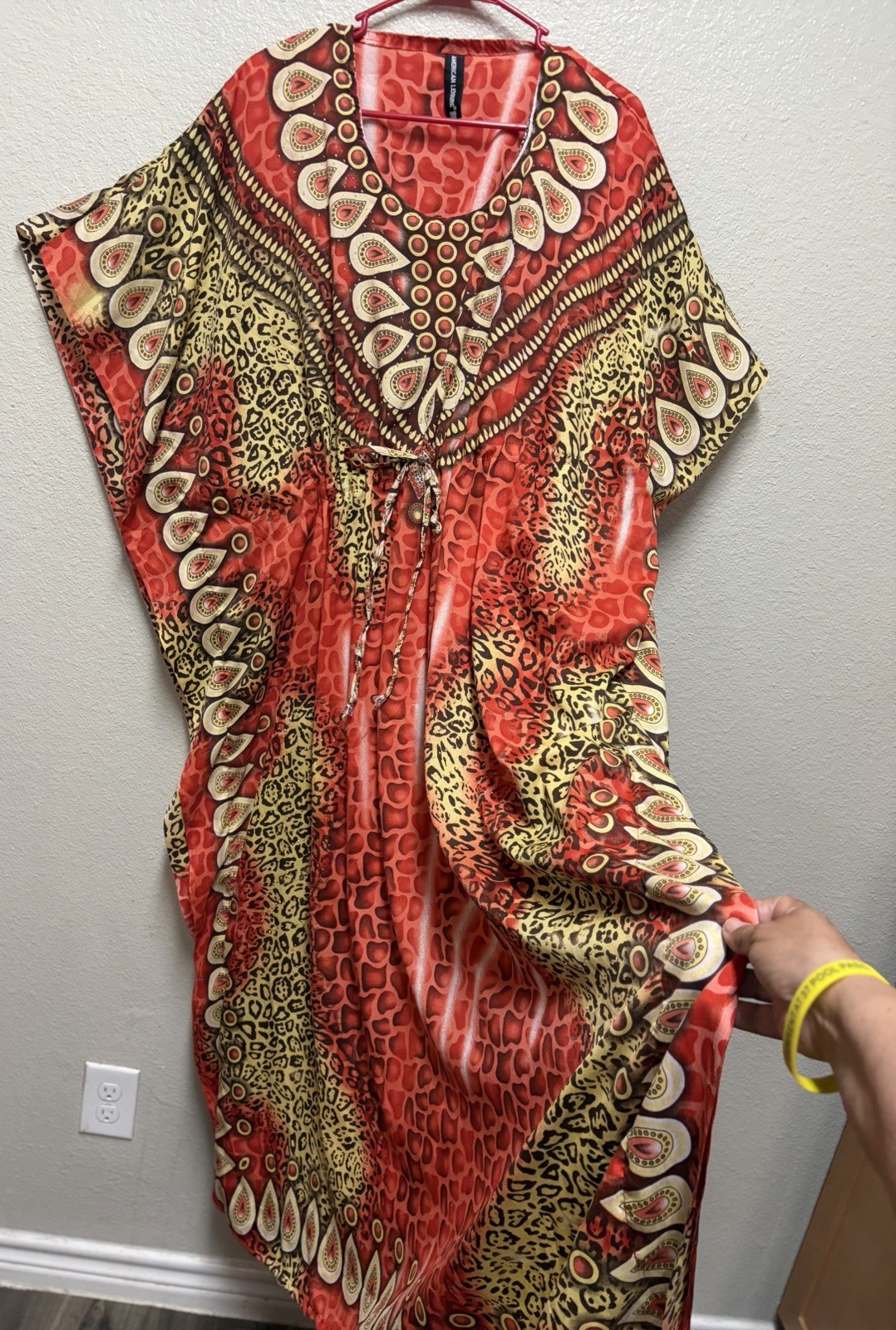 American Leisure Red Brown Beige Animal Print Kaftan Dress Round Neck Long One