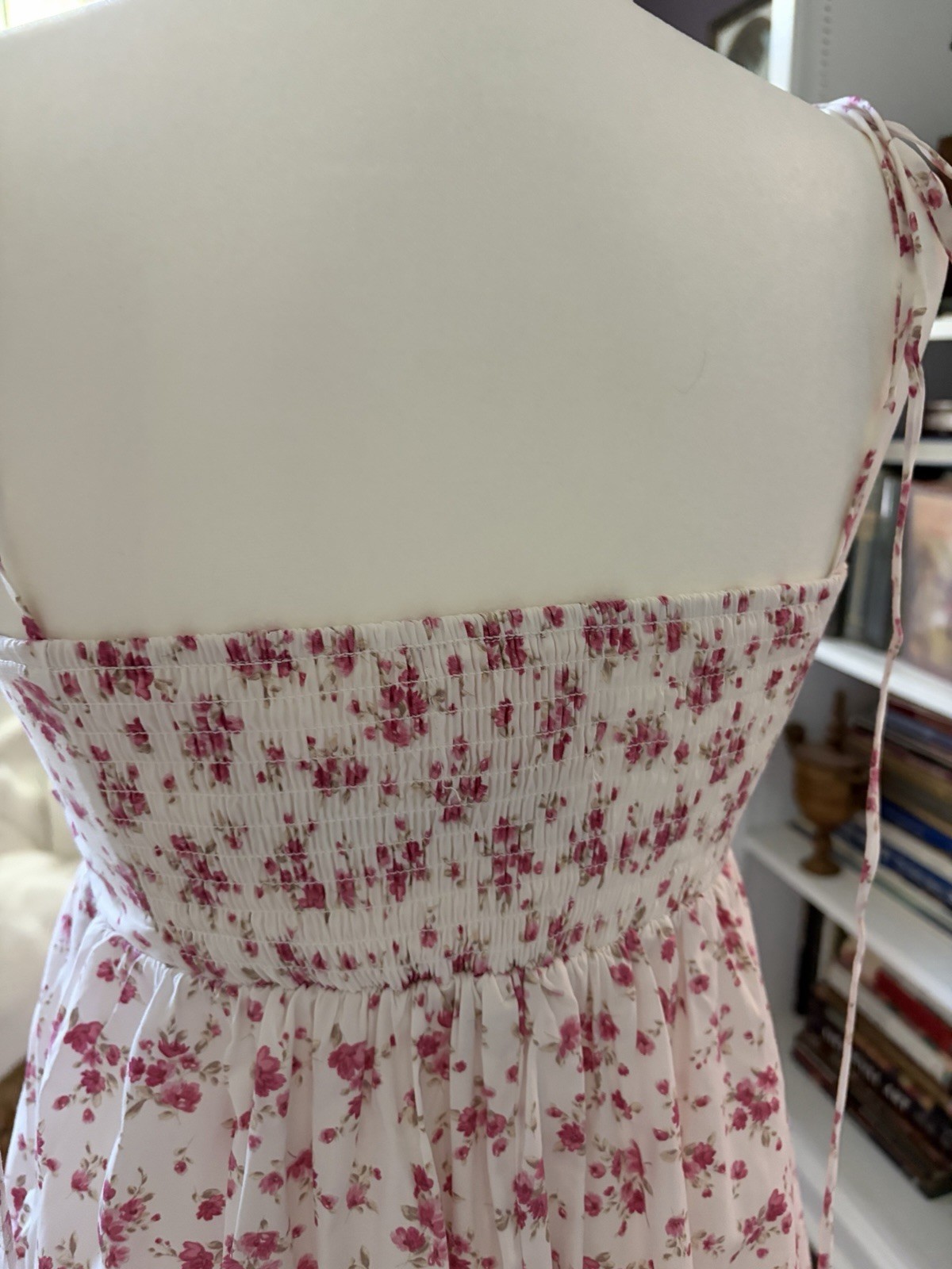 francesca’s Ivory/Pink Floral Maxi Dress Smocked Square Neck Tie Straps S