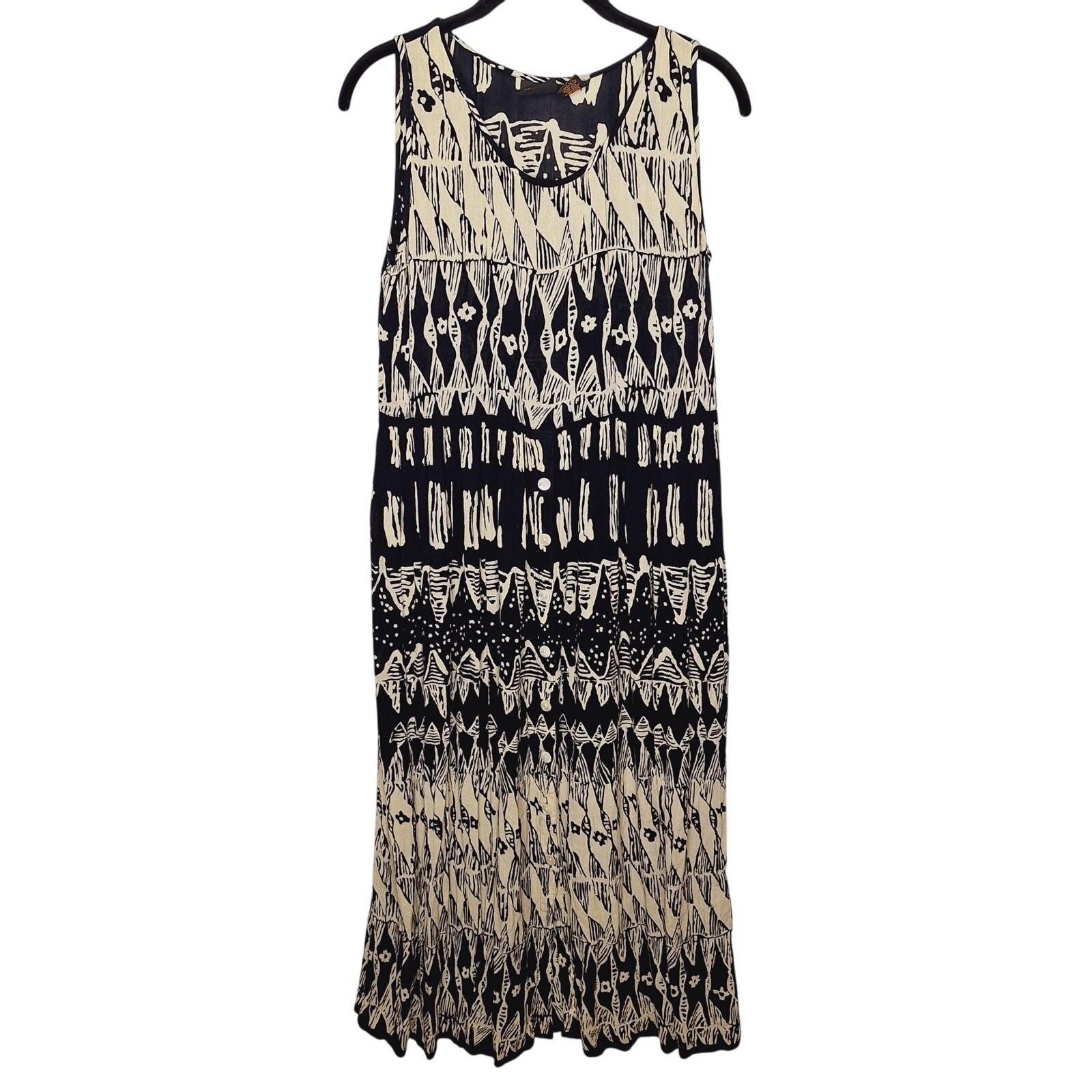 Vintage 90s Bila Sleeveless Midi Maxi Dress Med Rayon Crinkle Gauze Boho Tribal