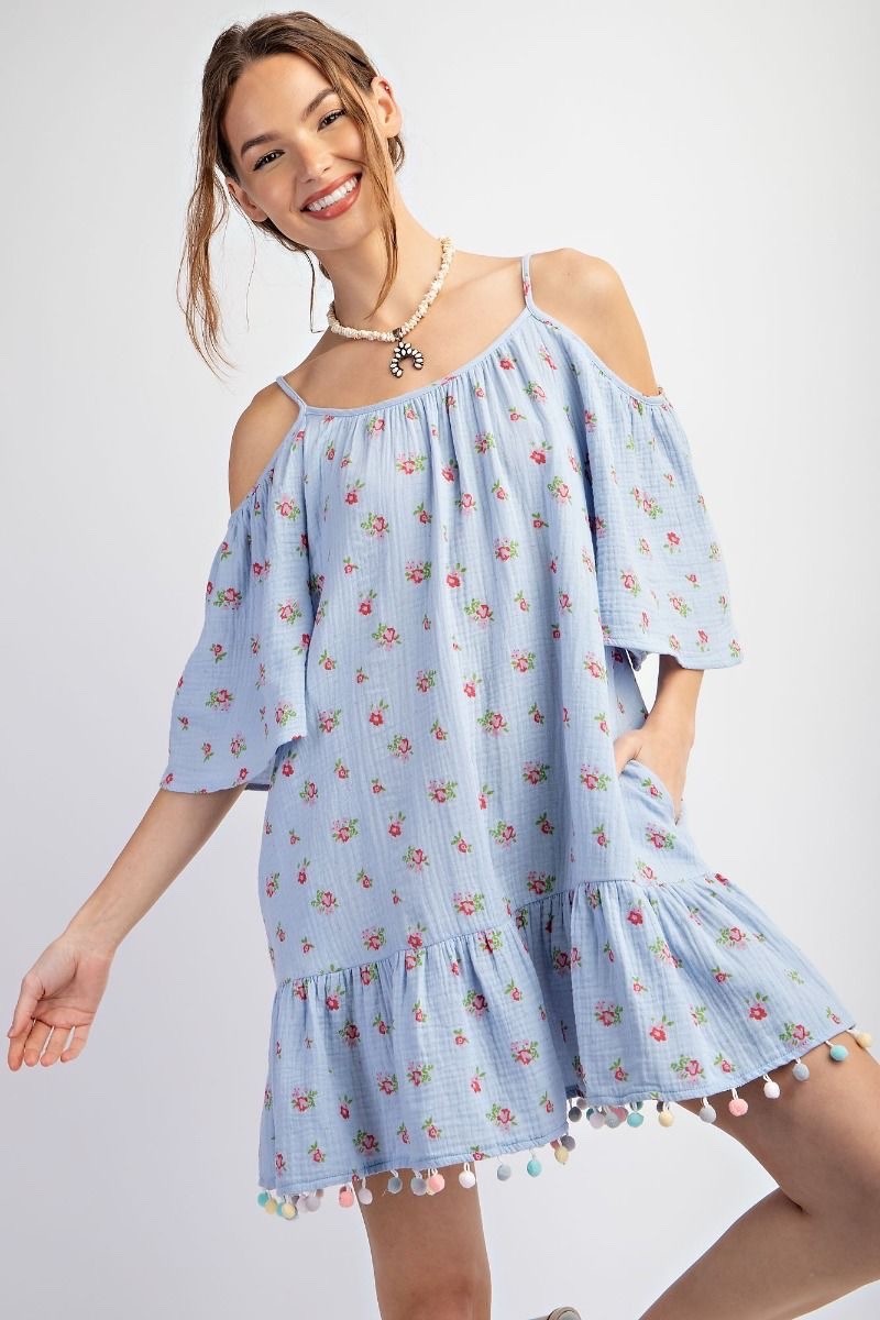 New Easel Cold Shoulder Dress Pom Pom Ruffle Gauze Blue Floral Size Small NWT