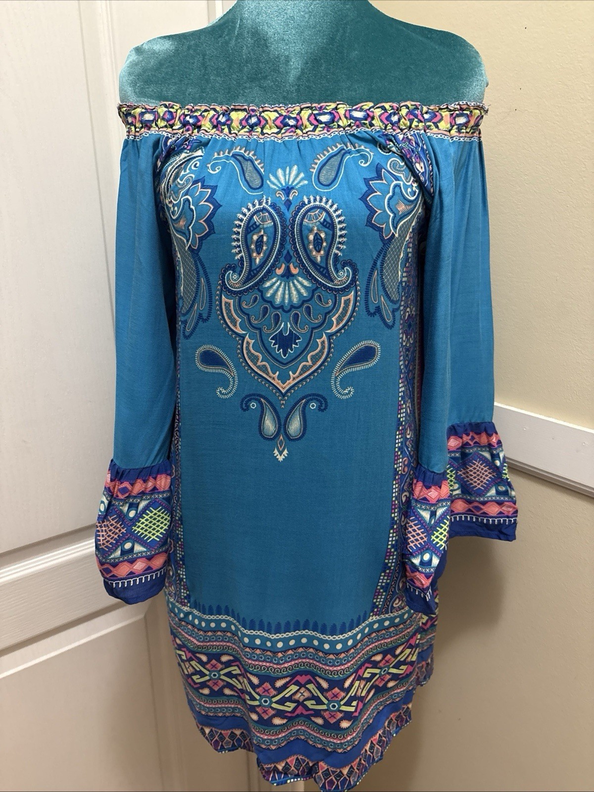 Flying Tomato Boho Off Shoulder Rayon Aqua Mini Dress Hippie Festival Medium