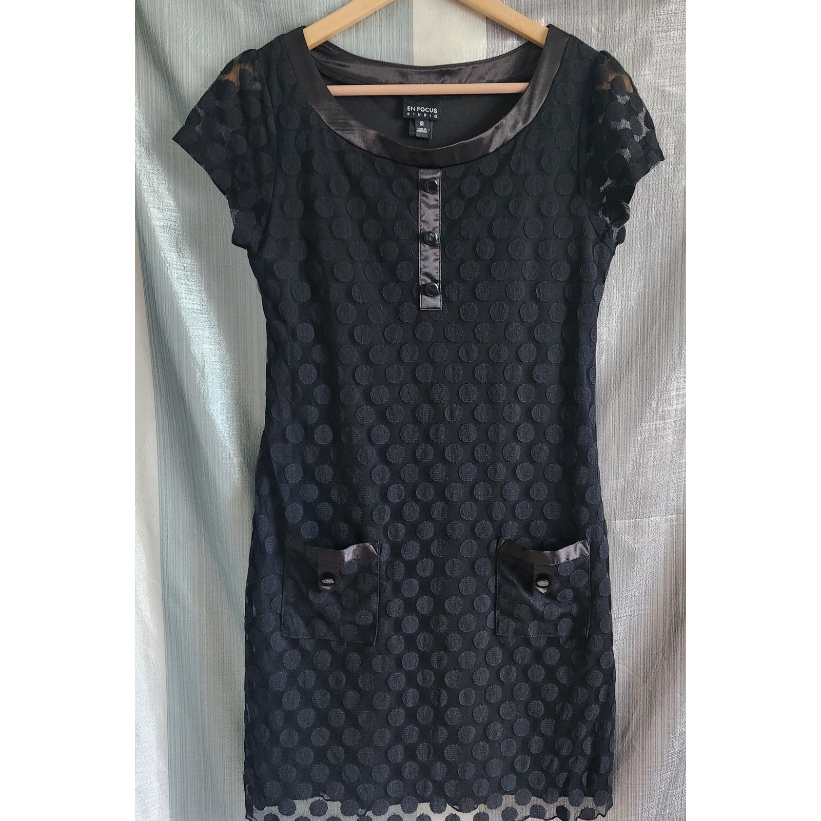 Black Polka Dot Mesh Shift Dress Satin Trim 60s Mod Retro Dark Romantic Lolita