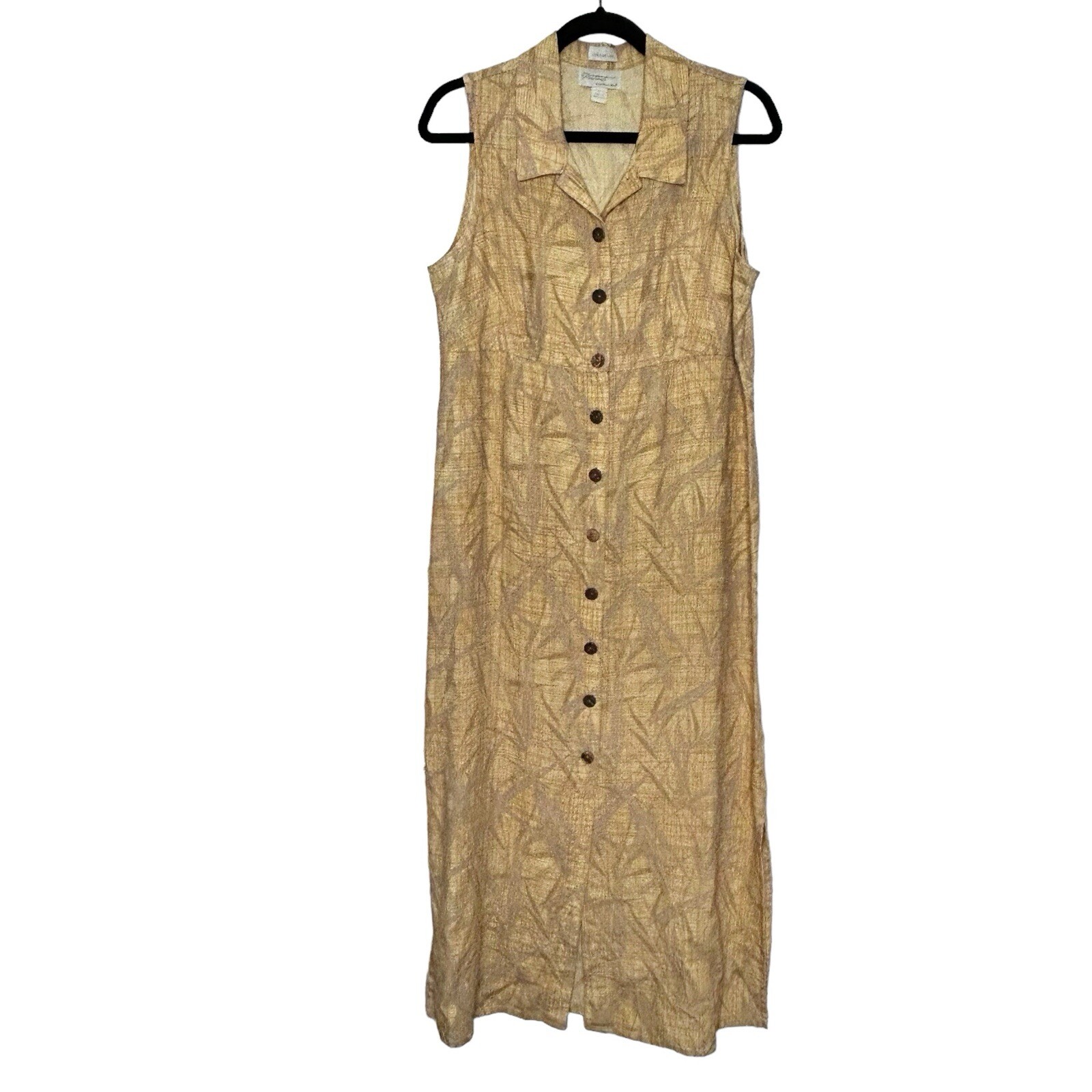 Portraits by Northern Isles Yellow/Taupe Bamboo Print 100% Linen Maxi Dress 12