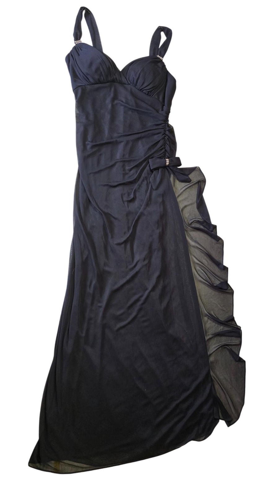 NWT Blondie Nites Formal Maxi Blue Dress Side Ruffle Ruched Bow Rhinestone Accen