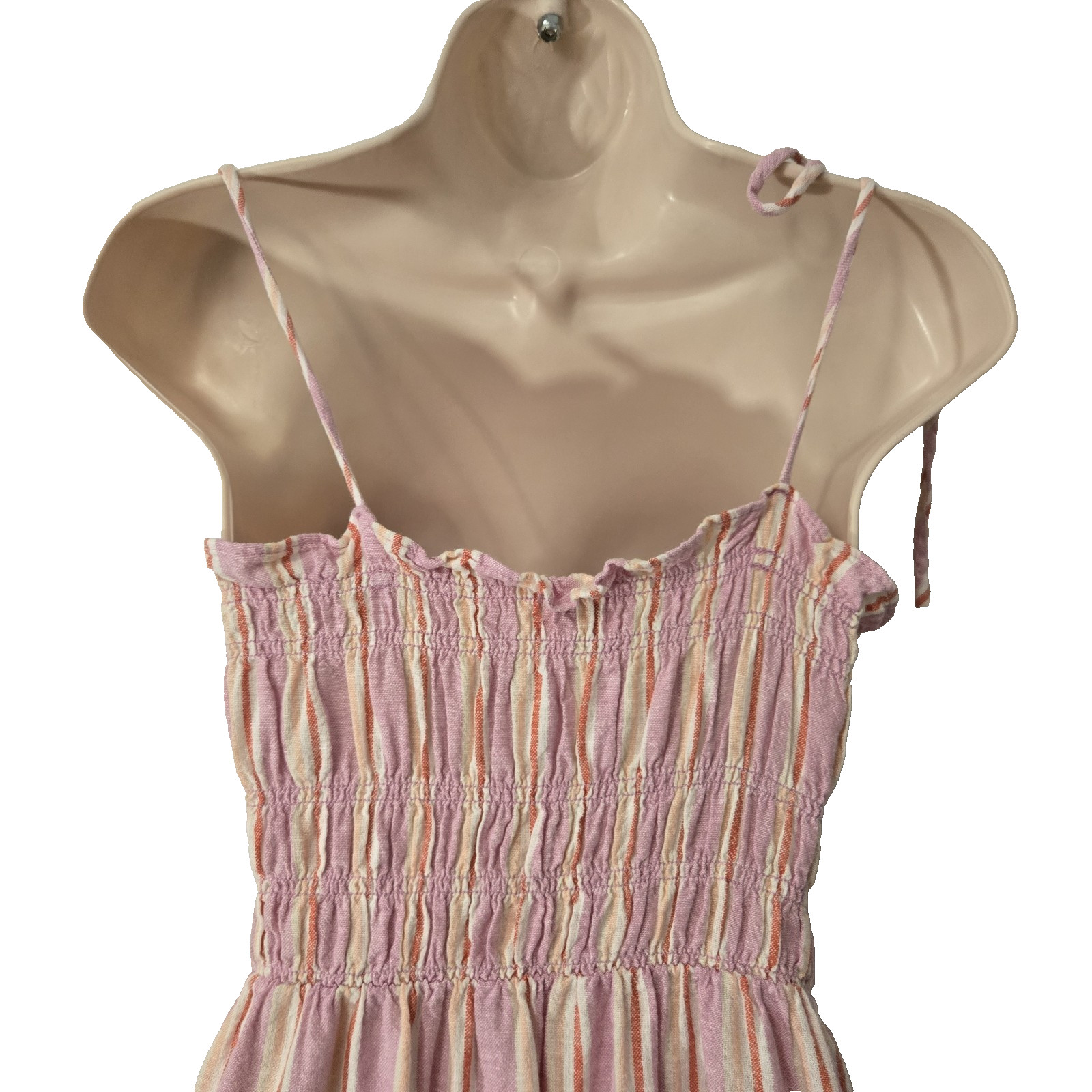 Pink Striped Smocked Linen Blend Midi Dress Tie Shoulder Button Summer Beach S