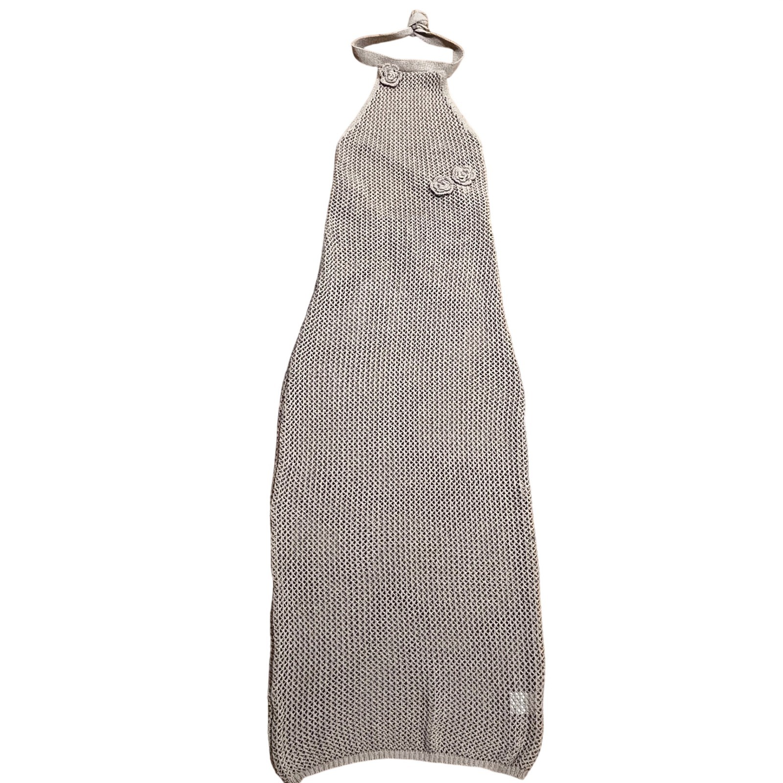 Beige Crochet Knit Halter Maxi Dress M Rosette Floral Open Back Boho Beachwear