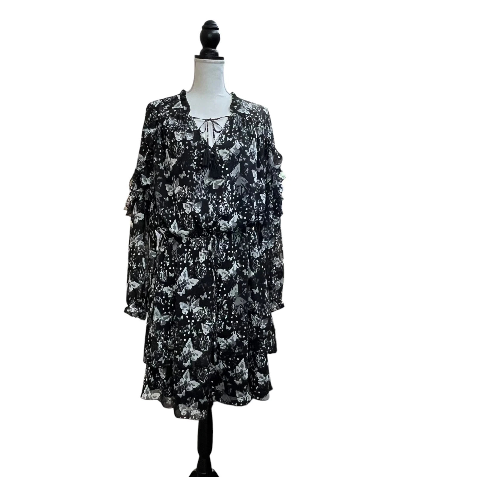 Cato Women Black Dress 18/20W Tie Waist Ruffle Butterfly Print Lined Long Sleeve
