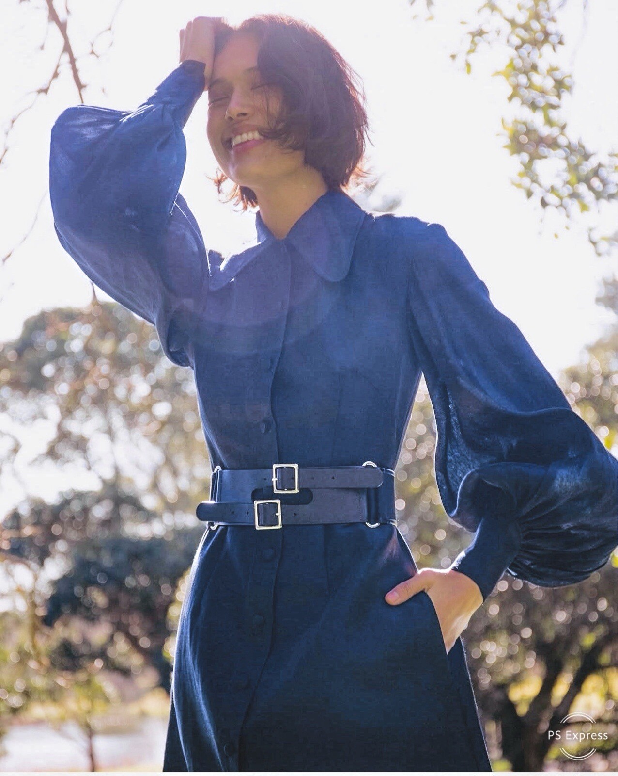 LEO LIN Mini Dress Navy Blue Cotton Linen Balloon Sleeves 70s Collar Size AU 8 S