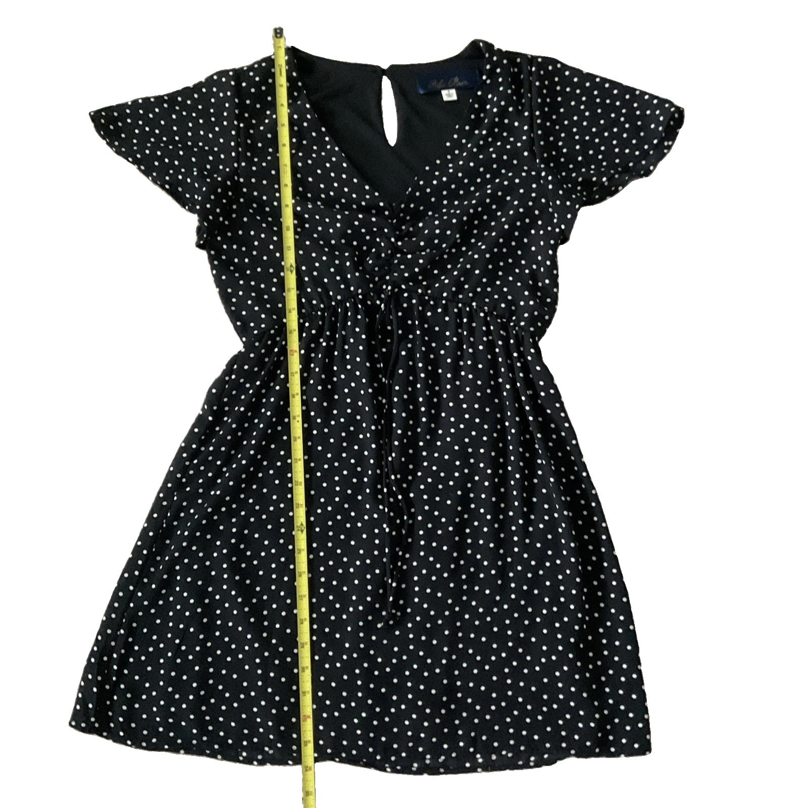 Blue Rain Polka Dot V-Neck Mini Dress Short Sleeve Black White Sz S