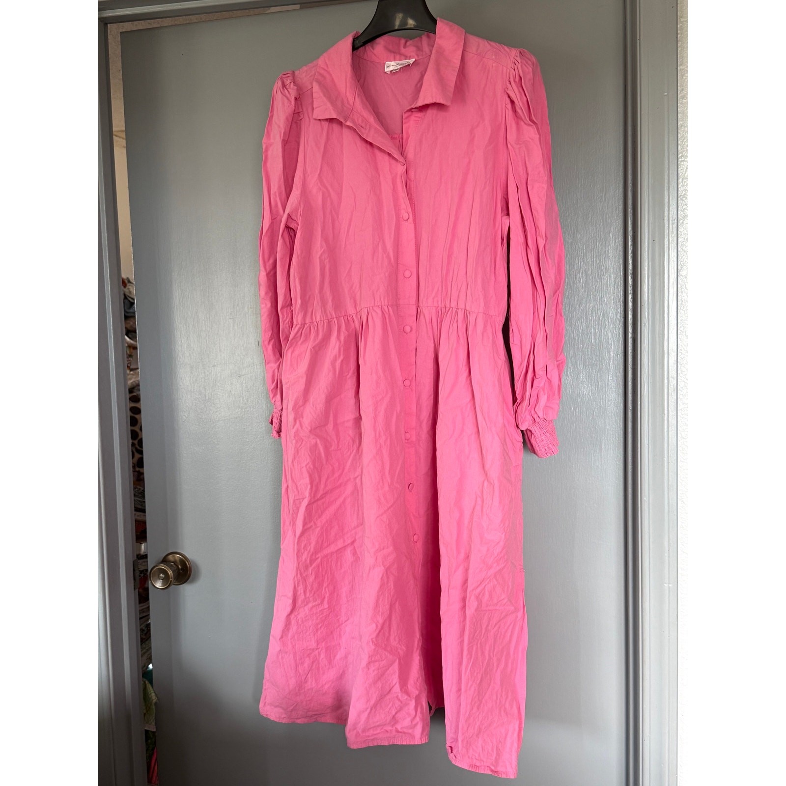 Vintage 100% Cotton Pink Button Front Midi Shirt Dress Long Sleeve Pockets sz 16