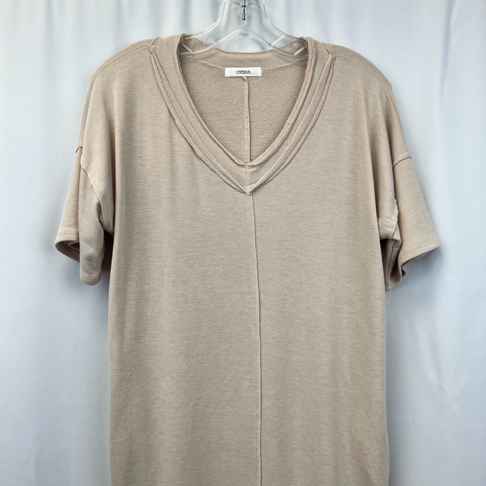 Cherish Womens Beige Short Sleeve V-Neck Pockets Short T-Shirt Dress Size Medium
