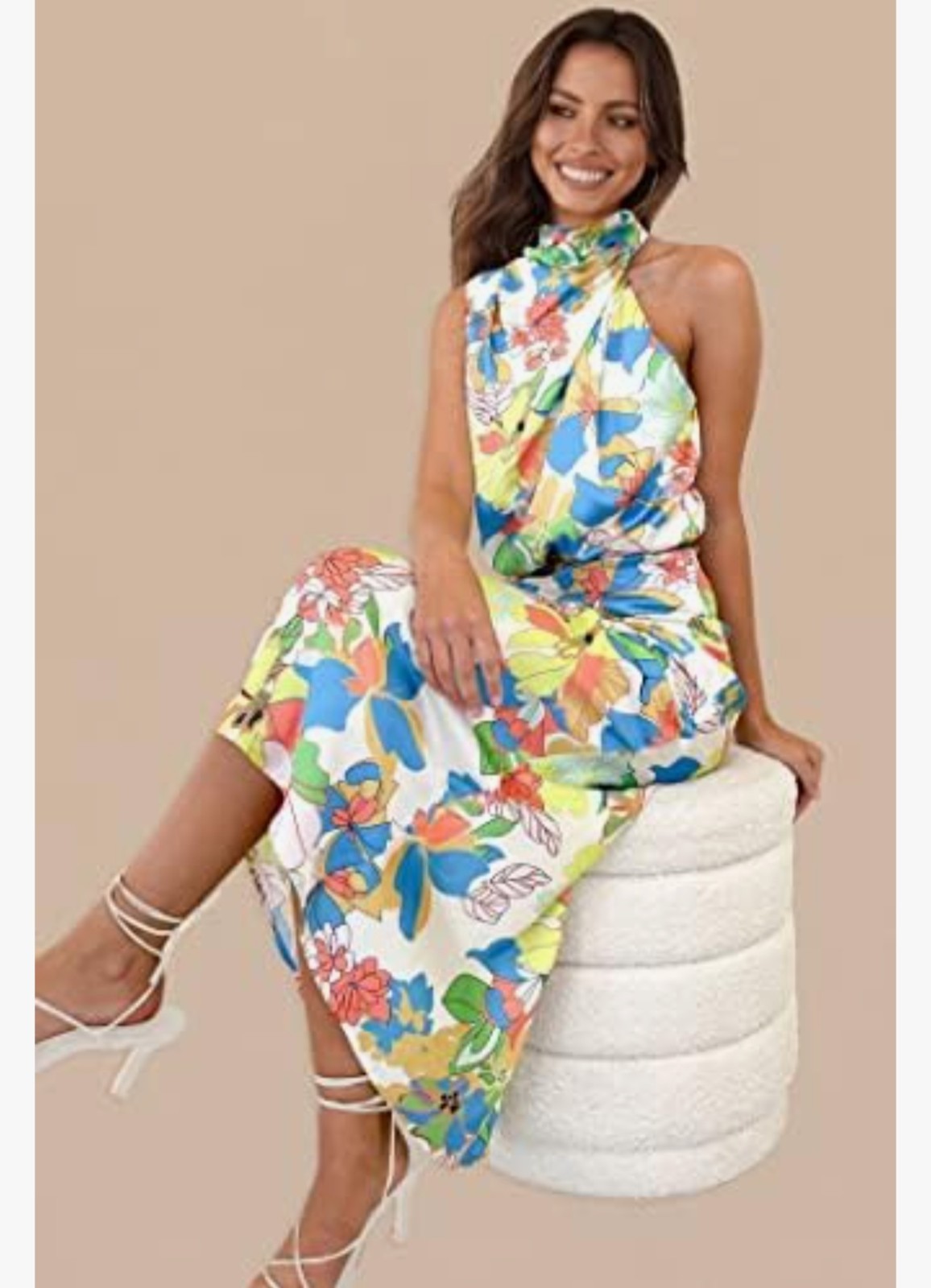 PrettyGarden Multicolor Floral Mock Neck Sleeveless Satin Maxi Dress Long M