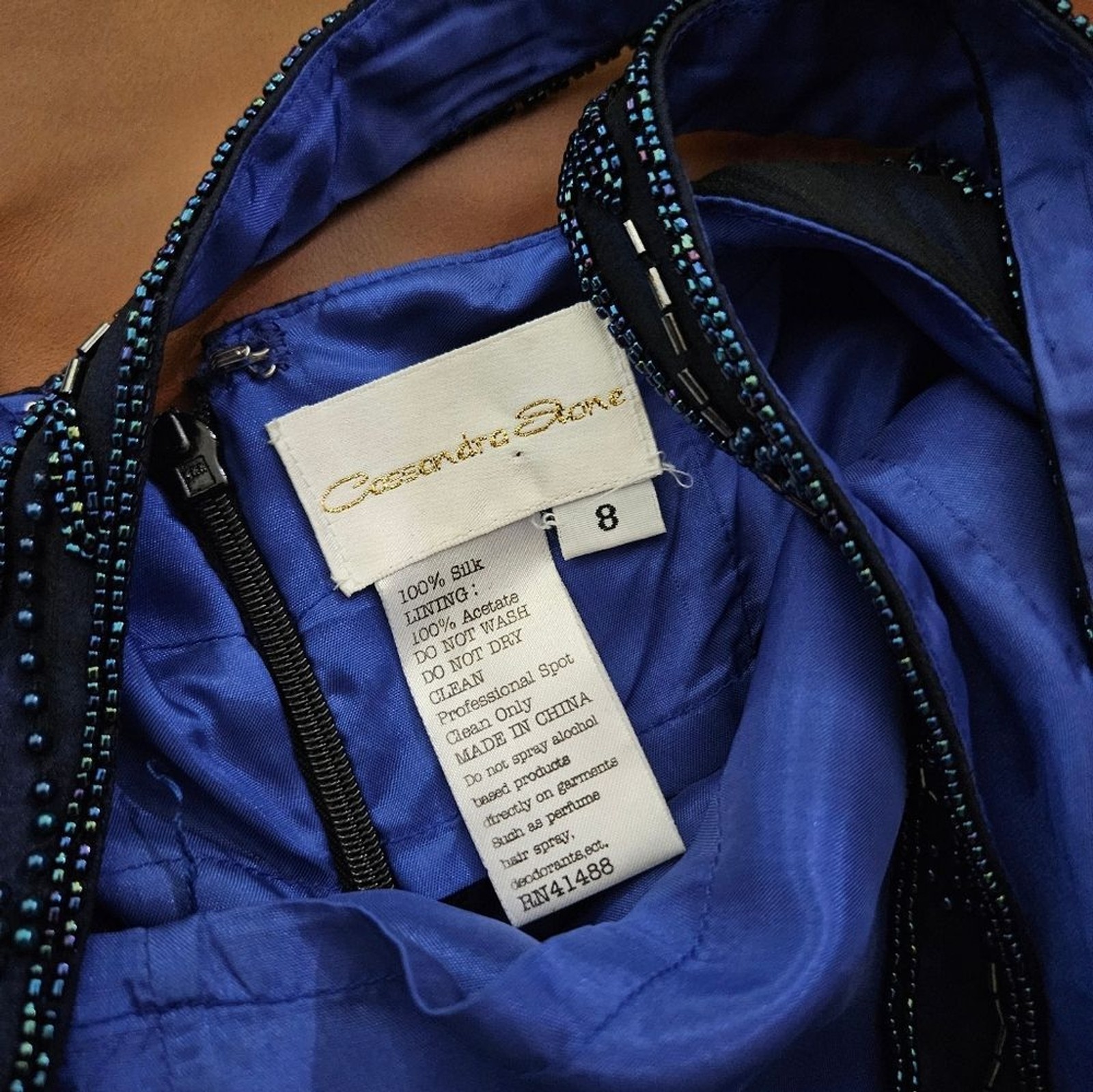 Cassandra Stone Blue Fully Beaded Size 8 Evening Gown $550 NWOT