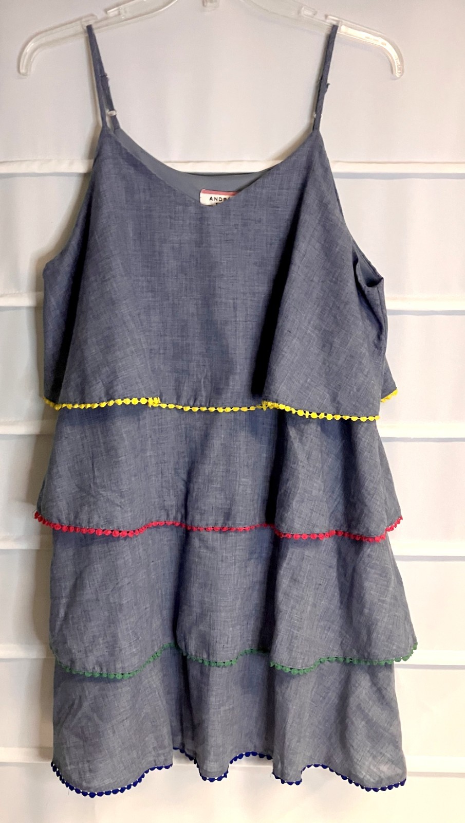 Andre by Unit Blue Ruffled Tiered Polyester Cotton Blend Strappy Dress L NWTS!
