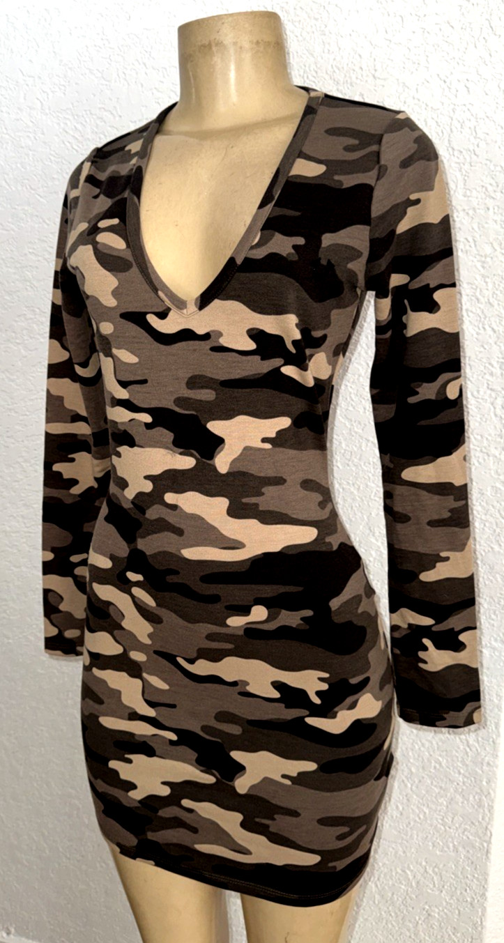 Vintage TRUE RELIGION SZ XS Green Camo Print Long Sleeves Dress mc