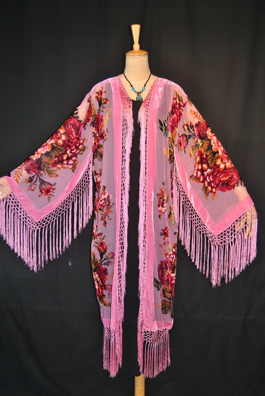 Art to Classic Eastern Flower Burnout Velvet Fringe Jacket Coat Kimono Duster