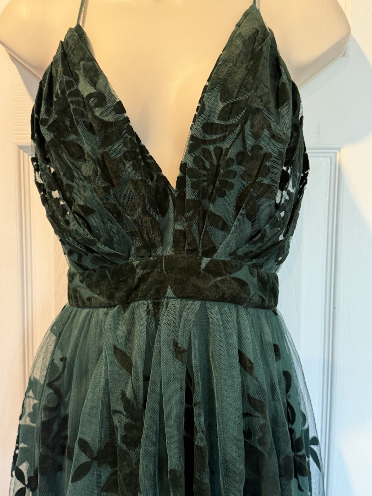 Windsor Forrest Fairy Green Velvet Floral Burnout Maxi Dress S Mesh Gown V Neck