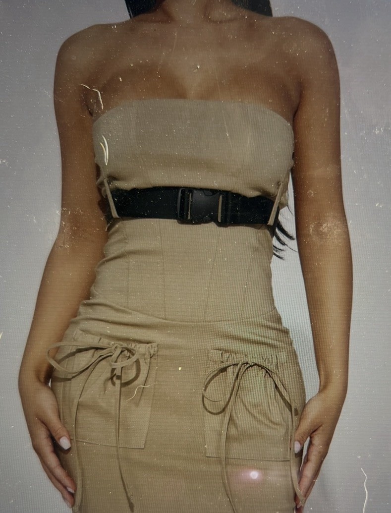 Fashion Nova Womens XS Beige Solid Strapless Sleeveless Belted Pocket Midi Dress