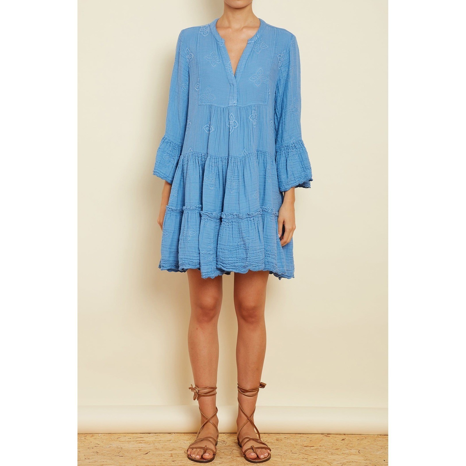 Pearl & Caviar Women’s Blue Zakar Embroidered Silk Blend Tiered Mini Dress- S/M