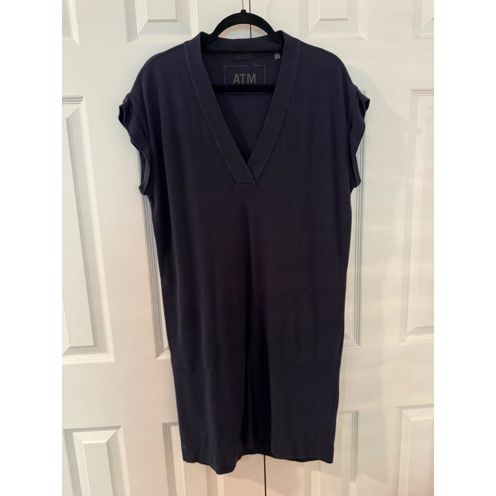 ATM Anthony Thomas Melillo Navy Pima Cotton V-Neck Pocket T-Shirt Dress XS