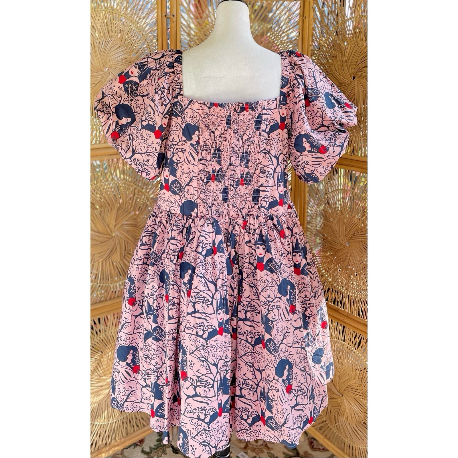Disney Snow White & The Evil Queen Graphic Print Pink Puff Sleeve Dress 1X