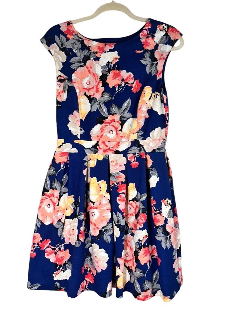 Colorful Floral Mini Dress Blue L Tropical Resort Preppy Feminine Chic Classic