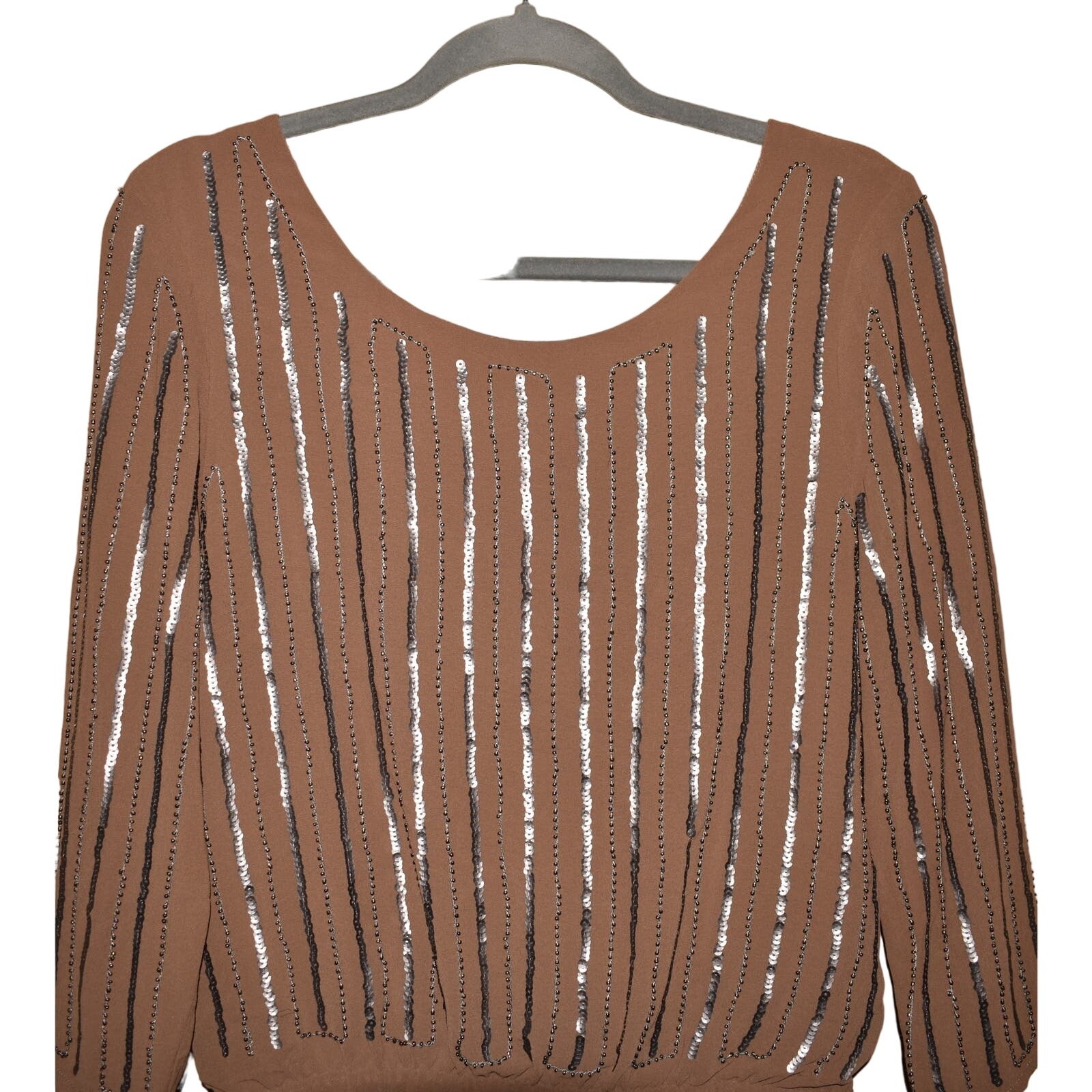 SARA BOO $99 Sequin Beaded Open Back Chiffon Blouson Dress Brown Small