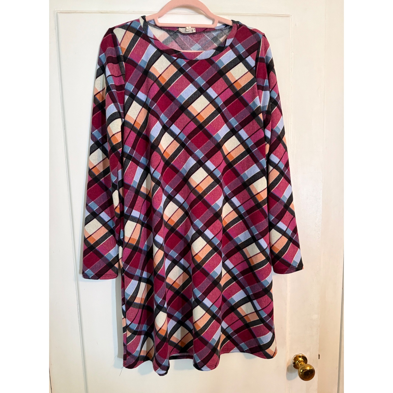 Sweet Lovely by Jen Womens Plaid Long Sleeve Tunic Shift Dress Magenta Large