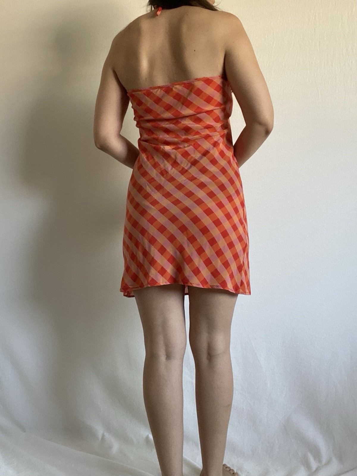 LHD 100% Silk Orange Pink Gingham Halter Mini Dress Open Back Size 4