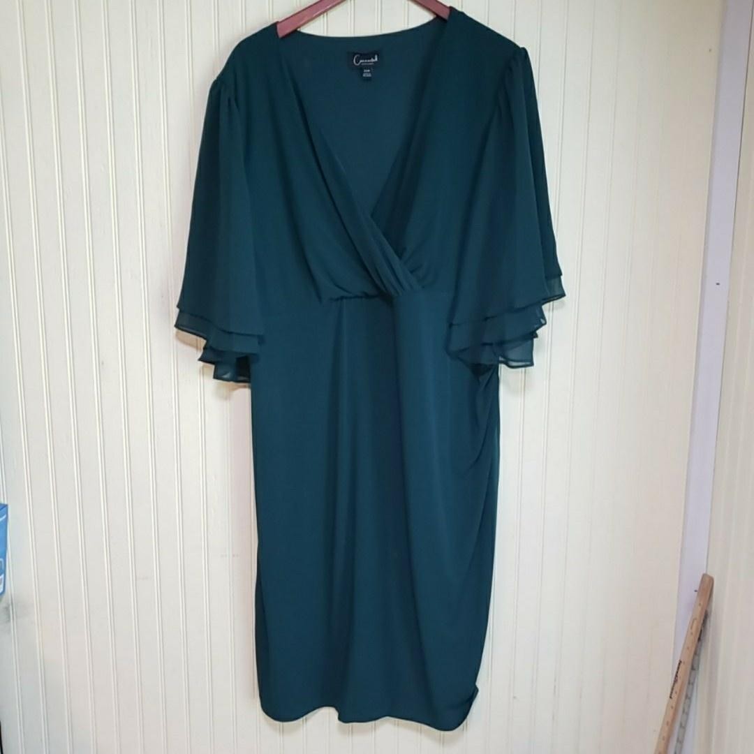 Connected Apparel Dress Womens 22W Green Chiffon Flutter Sleeve V Neck Wrap Knee