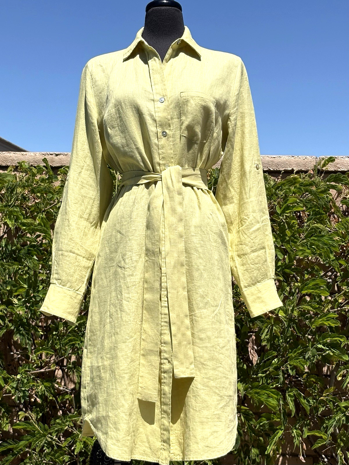 Magaschoni SZM lime green Linen Roll Sleeve Pockets Belted Long Shirt Dress-NWT