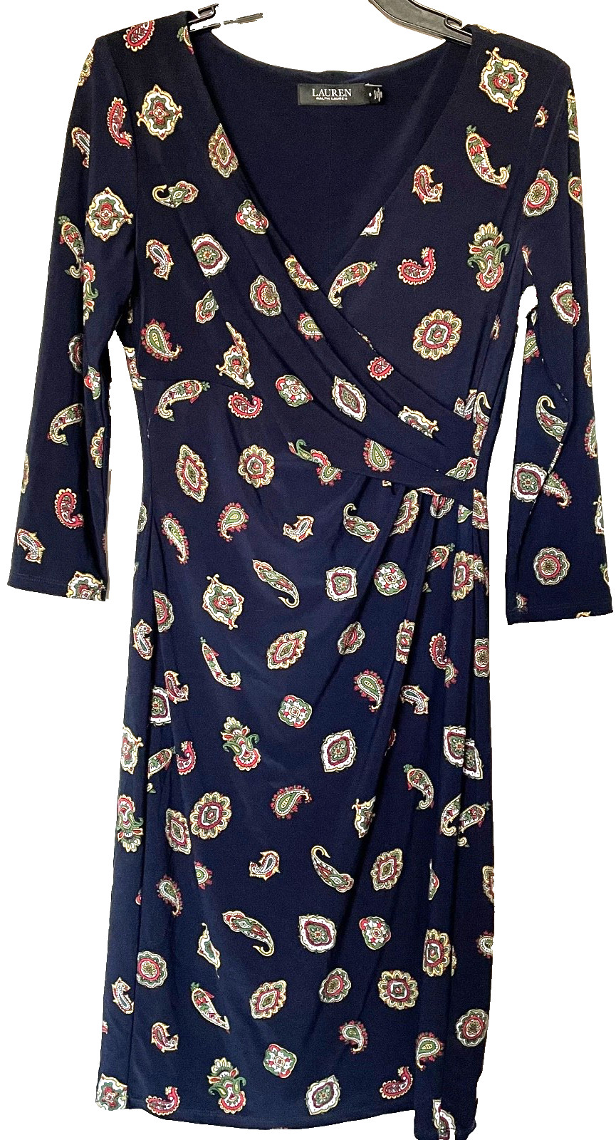 Lauren Ralph Lauren Black Label Dress sz 6 Faux Wrap Paisley Navy Blue Stretch