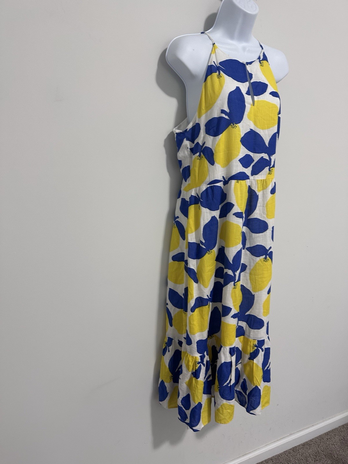 Loft Bright Yellow & Blue Lemon Print Sundress Midi Dress NWT