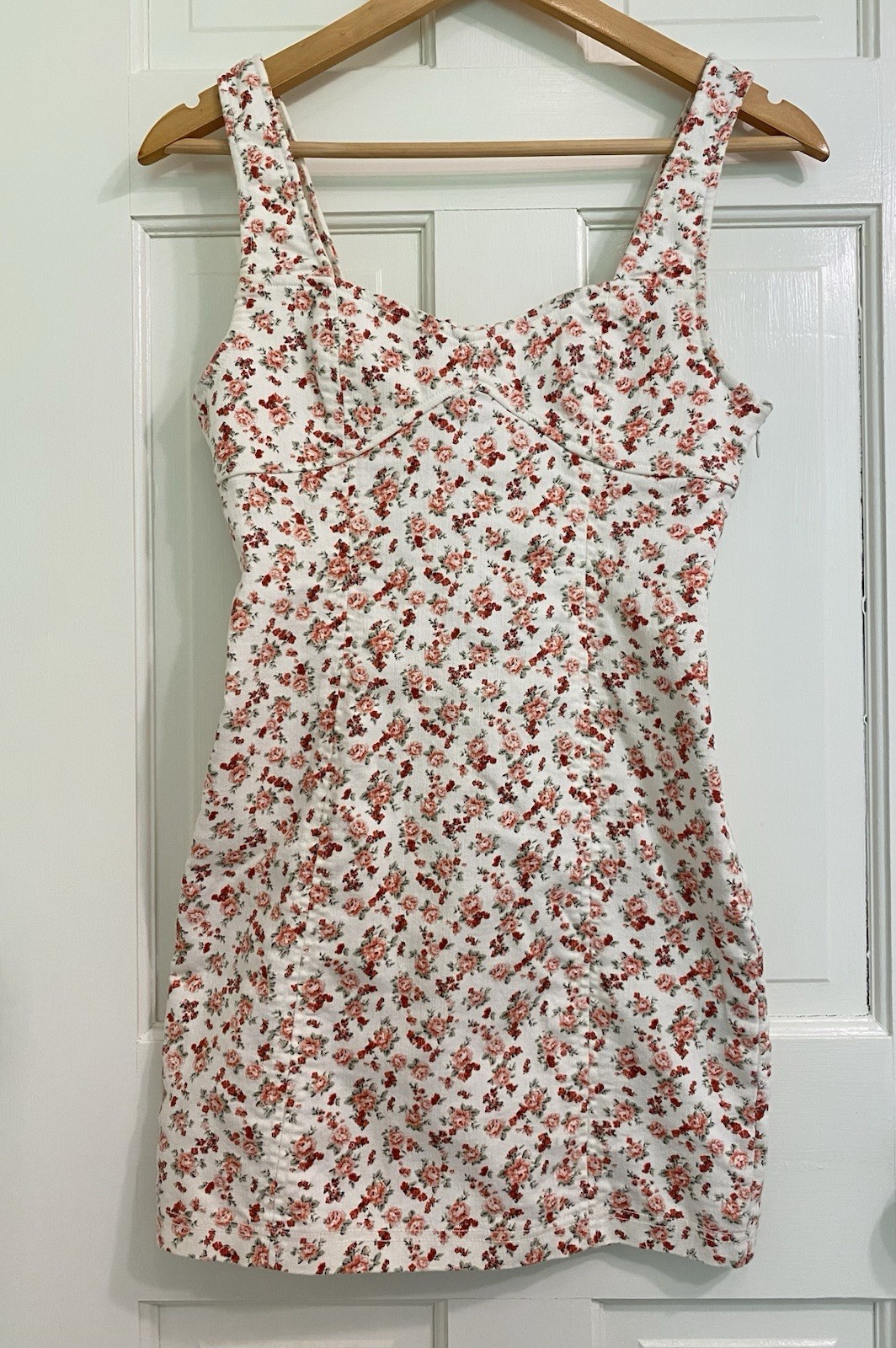 Forever 21 Floral Stretch Denim Dress Bustier Mini Open Back Wide Straps Sz S