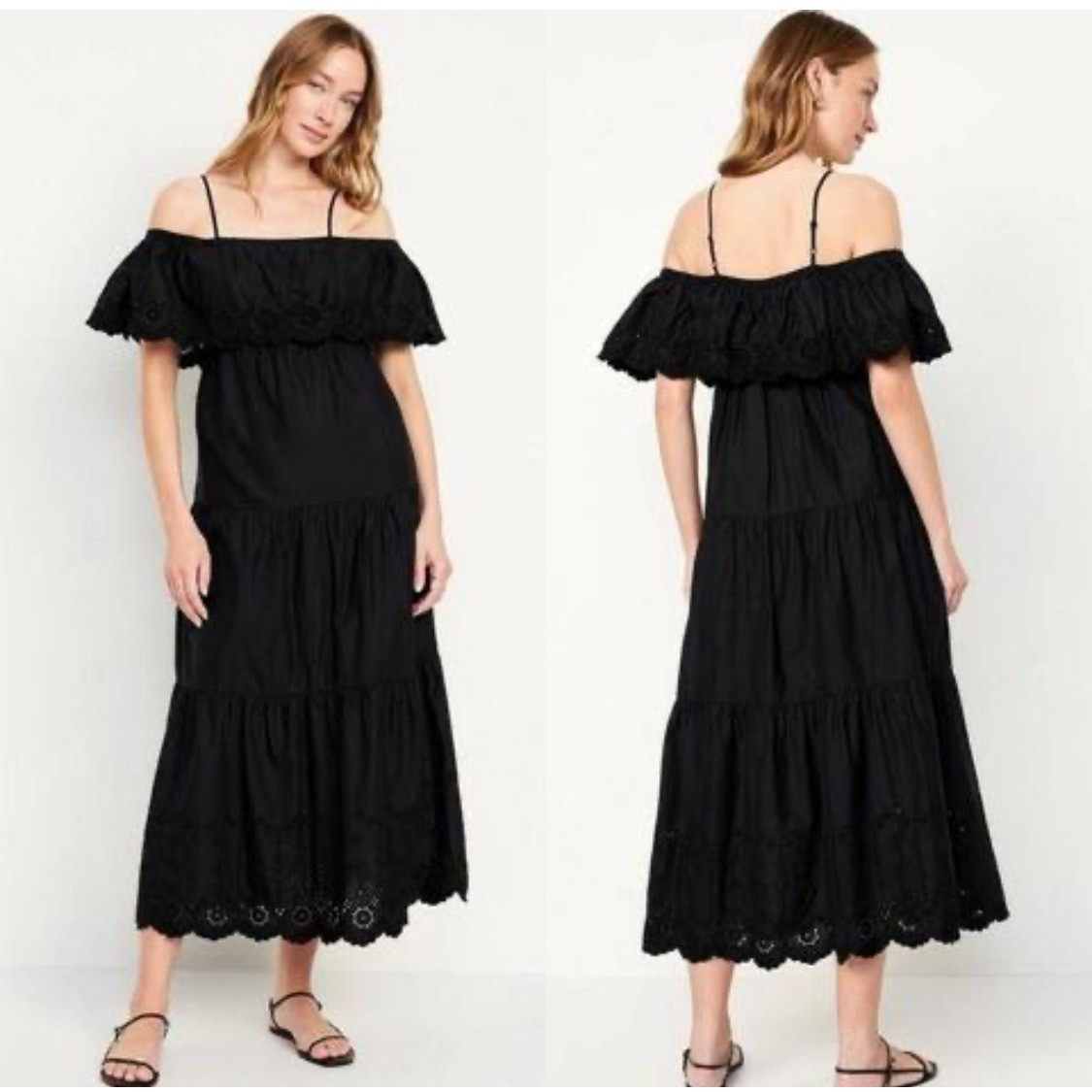 Old Navy Black Eyelet Maxi Dress Women’s M Off Shoulder Tiered Witch Halloween