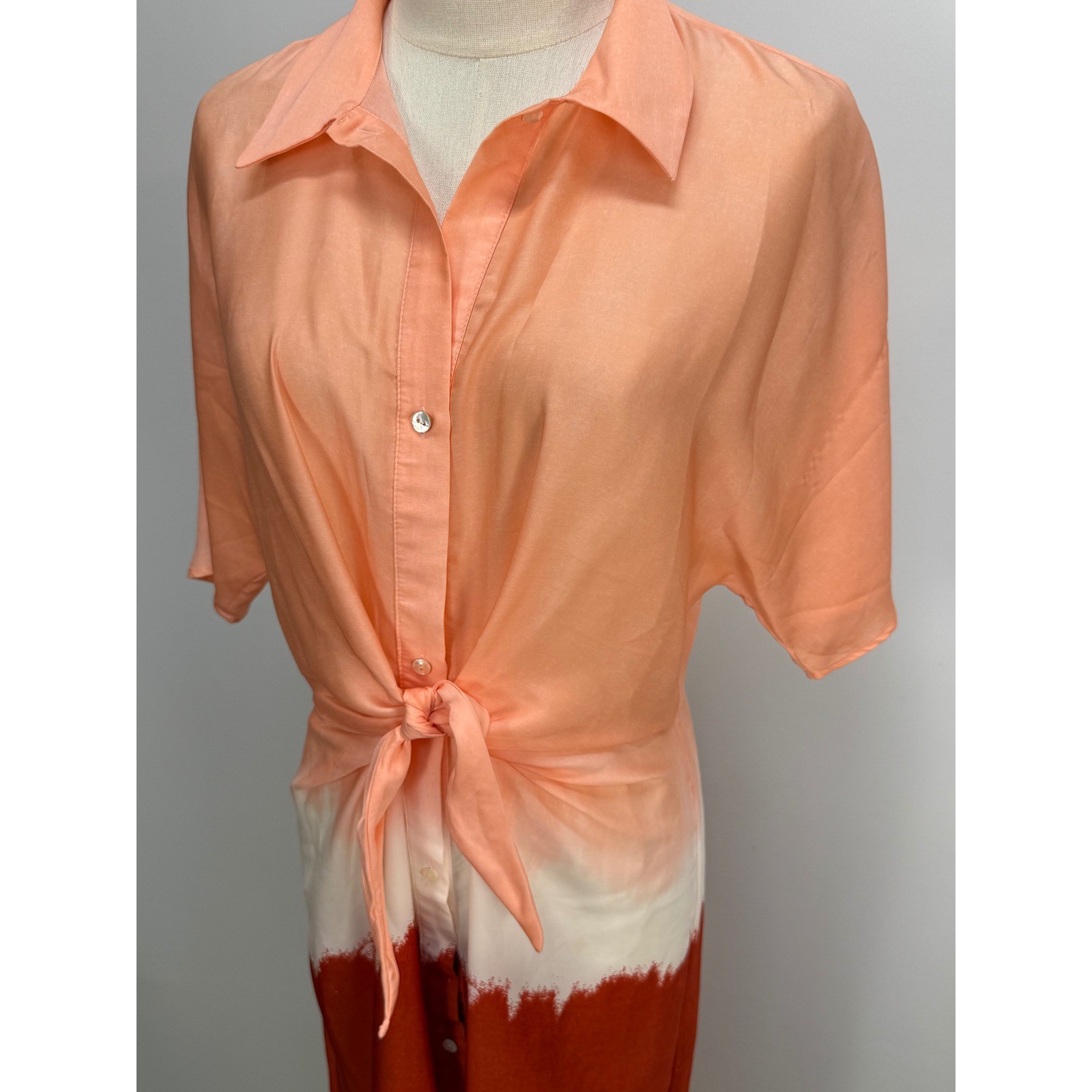 Anthropologie Mango Tie-Front Dip-Dye Midi Shirt Dress Peach Orange Rust Ombre
